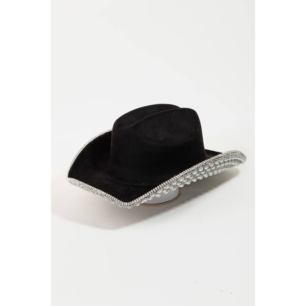 Pave Rhinestone Pearl Trim Cowboy Hat