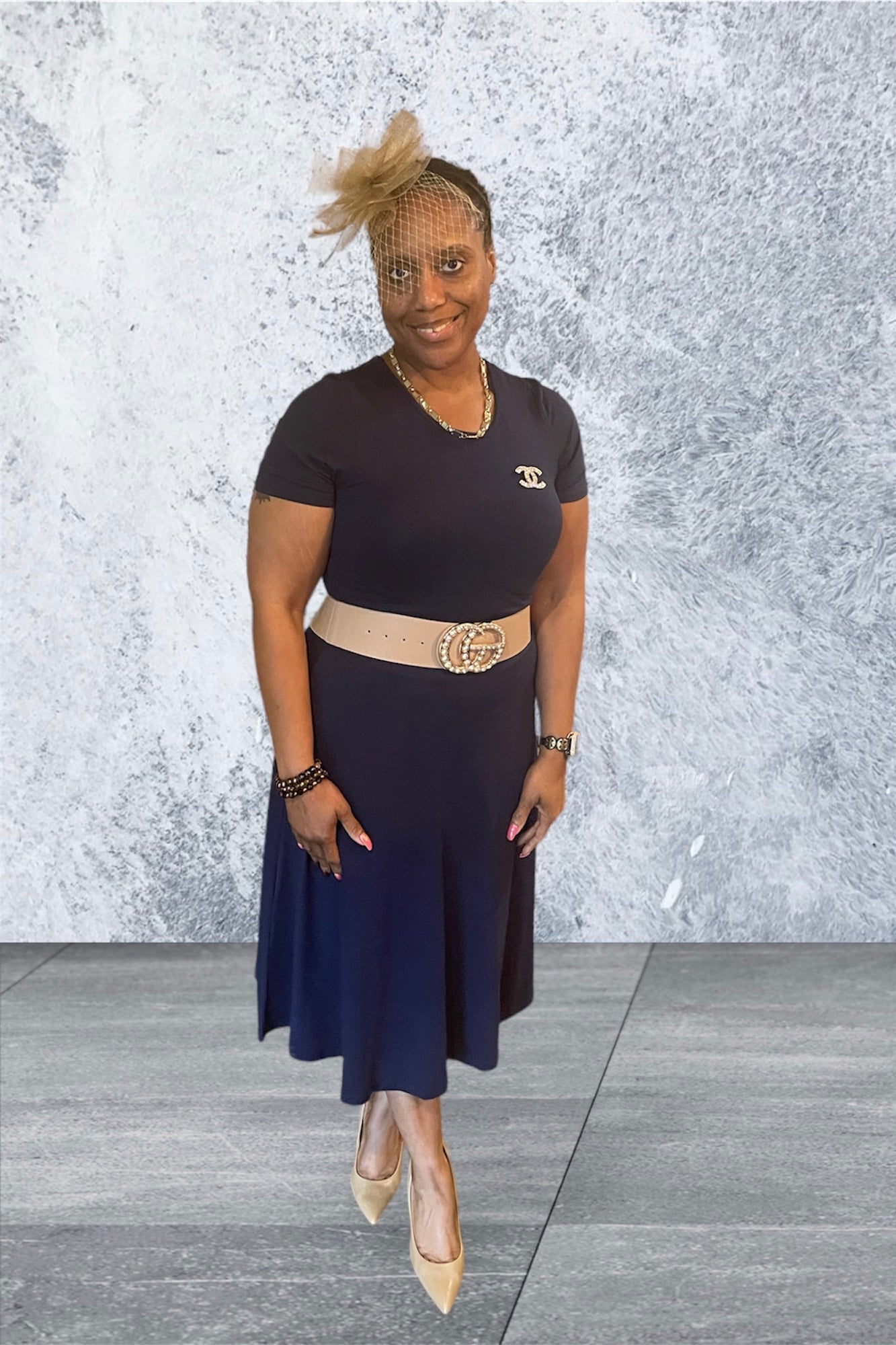 Navy Blue A-Line Midi Dress Small