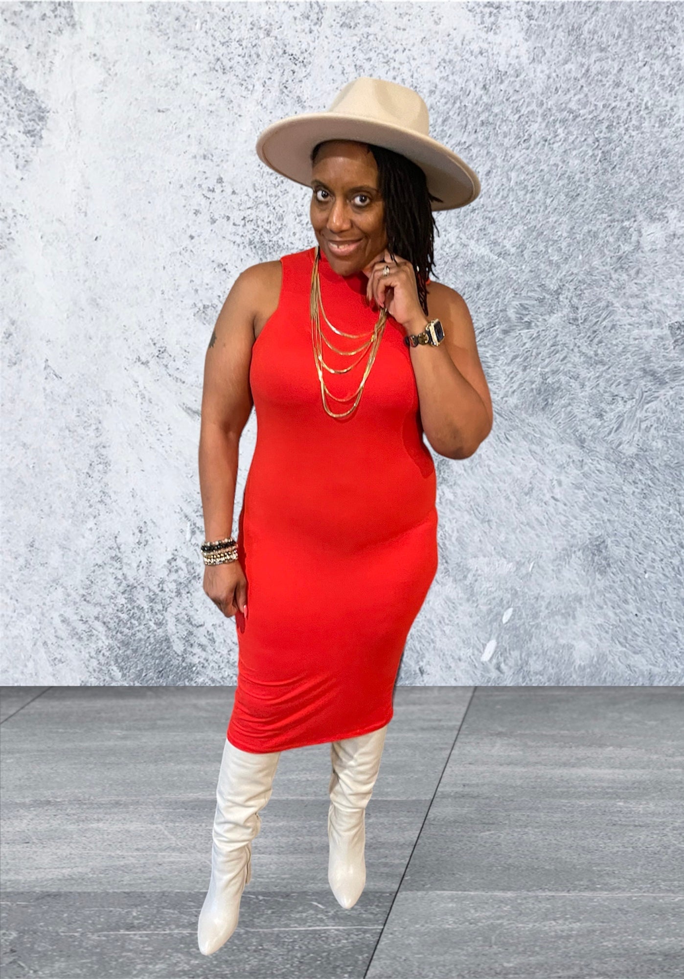 Red Bodycon Midi with Mock Neck Small