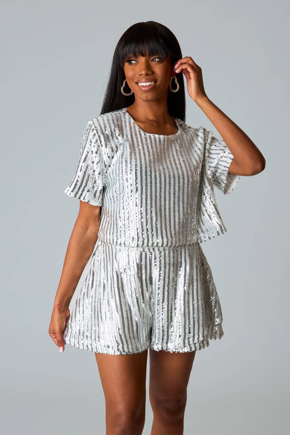 Laura White And Silver Top And Short Sequin Set