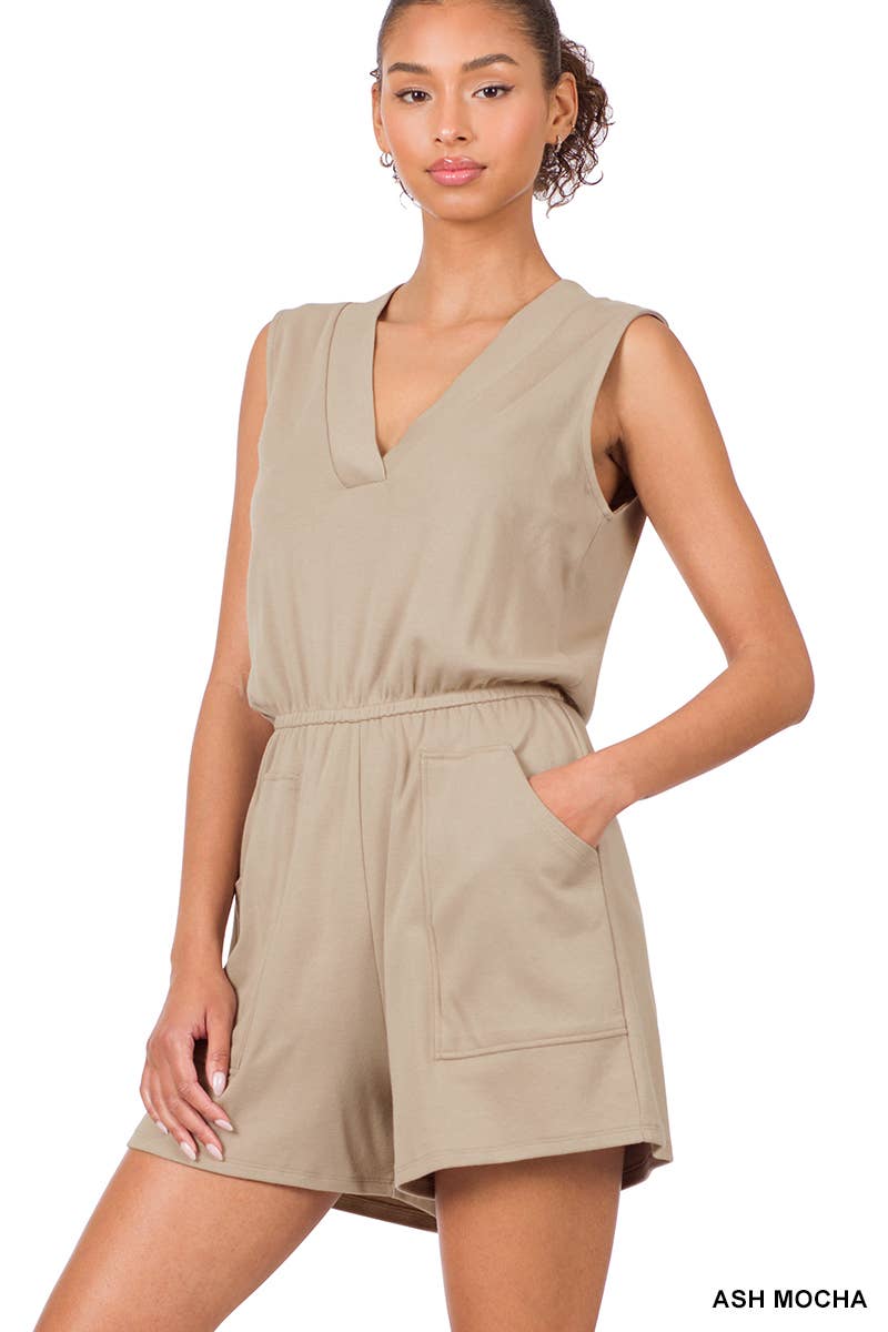 ASH MOCHA COTTON ROMPER WITH POCKETS