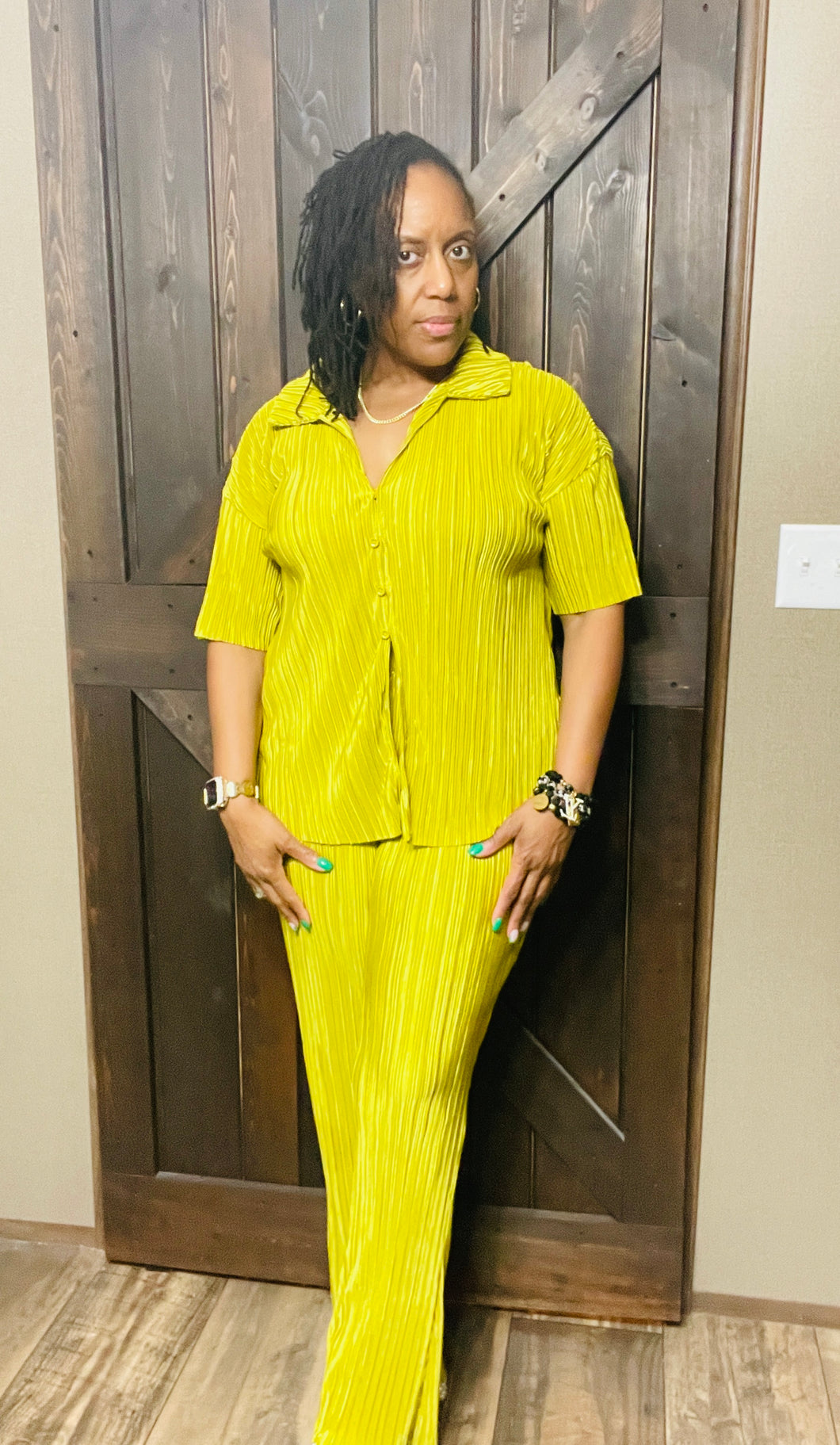 Pleated Bodre Top and Pants Set