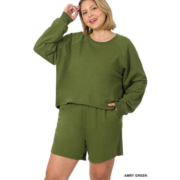 Army Green Terry Raglan Sleeve Oversized Top & Shorts