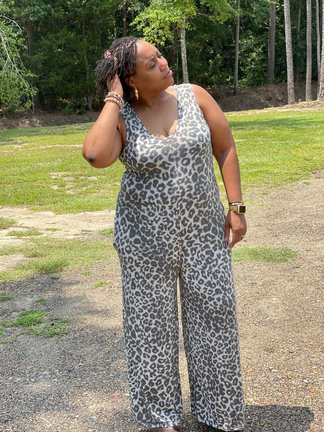 V-Neck Sleeveless Leopard Loose Jumpsuit – Just Top It Off Boutique
