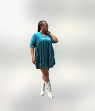 Load image into Gallery viewer, Turquoise Velvet Mini Dress with Pockets
